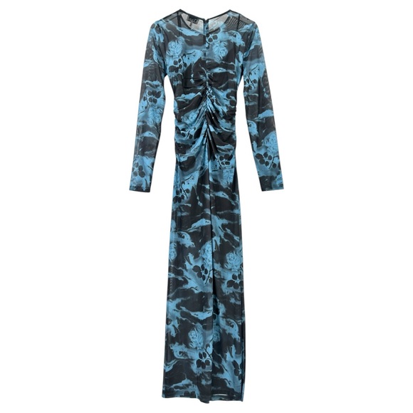 GANNI Printed Ruched Mesh Blue & Black Lined Fitted Long Sleeve Maxi Dress sz 36 - Picture 6 of 13